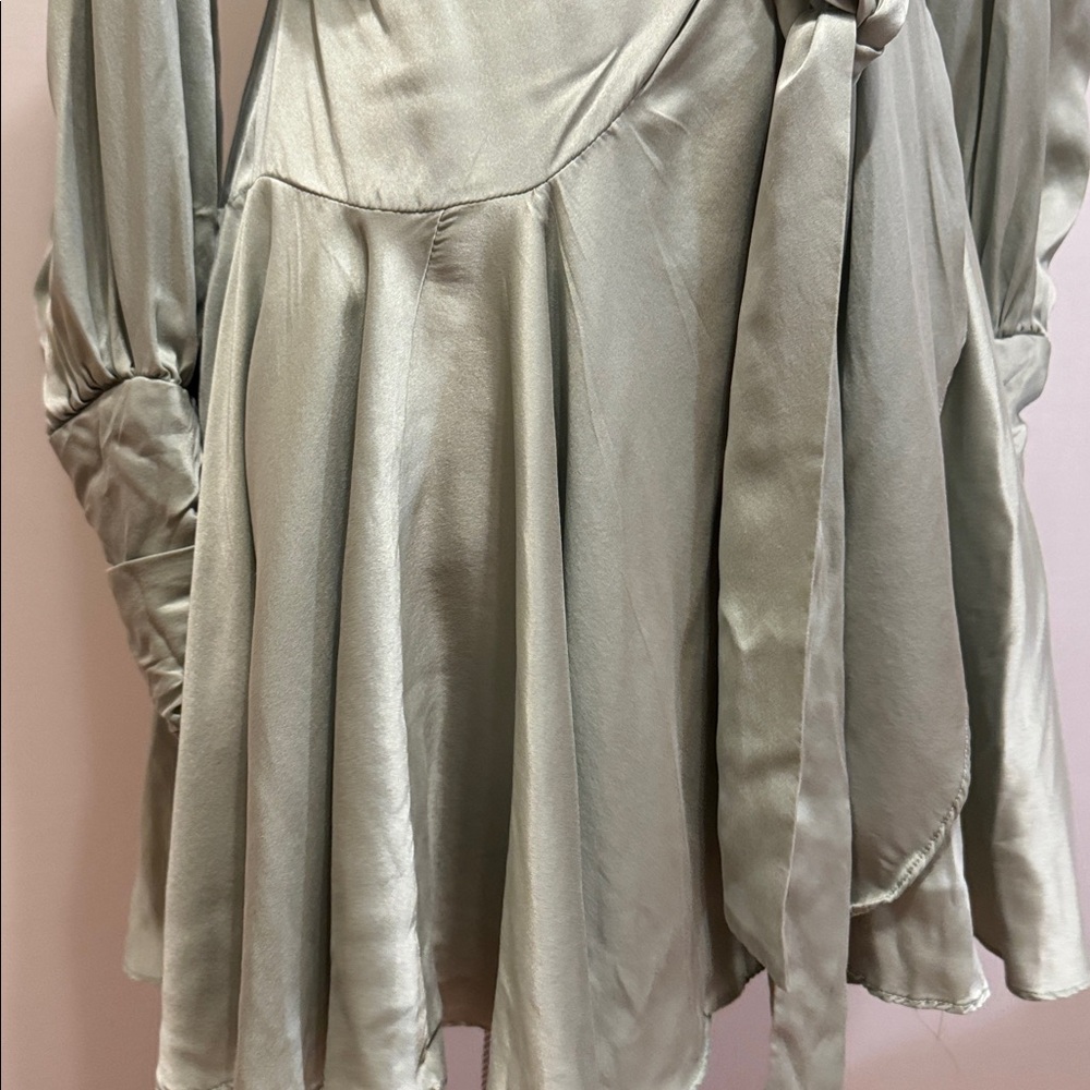 Zimmermann Silk Sage Green Long Sleeves Wrap Mini Dress - Picture 9 of 12